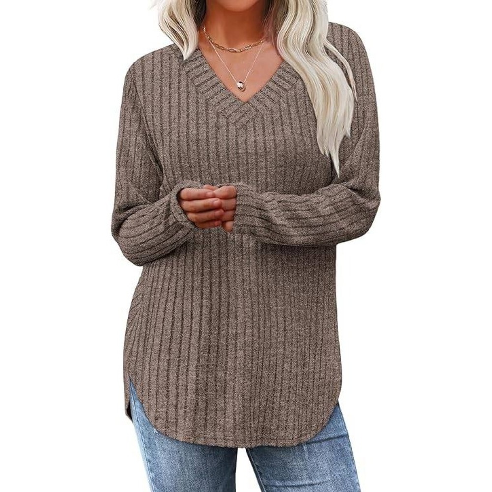 WIHOLL Ribbed V-Neck Top Women‎ Small Brown Long Sleeve Side Slit Pullover